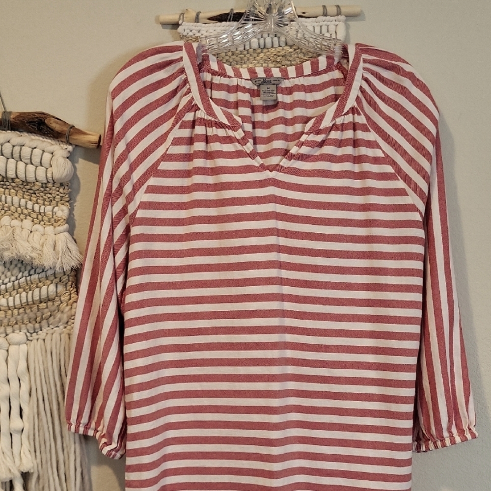 Vintage Bass Striped Heather Red & White 3/4 Sleeve Pleated Detail Top, Medium